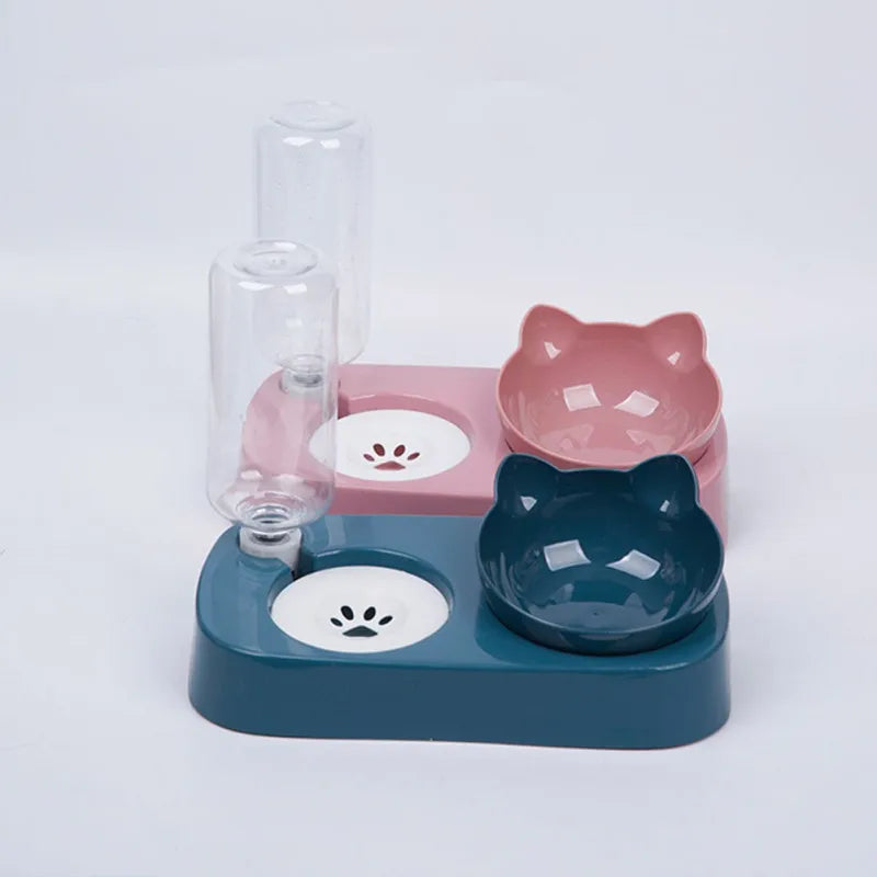 Pet Cat Bowl Automatic Feeder Water Dispenser Dog Cat Food Bowl with Drinking Raised Stand Pet Double Dish Bowls for Cats Dogs