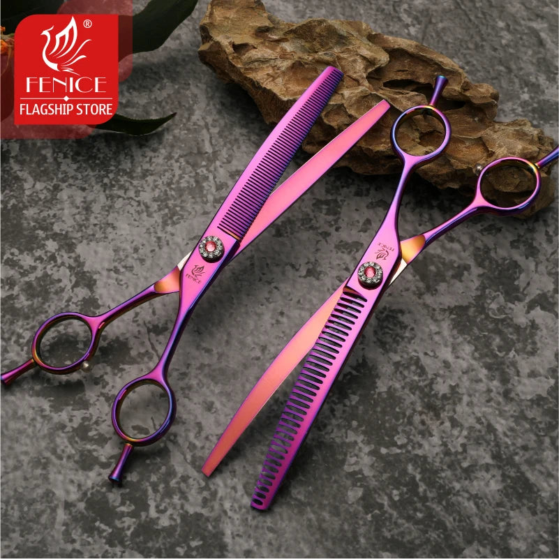 Fenice 7.25 inch professional dog grooming scissors curved chunkers scissors thinning shears for pet hair tijeras tesoura