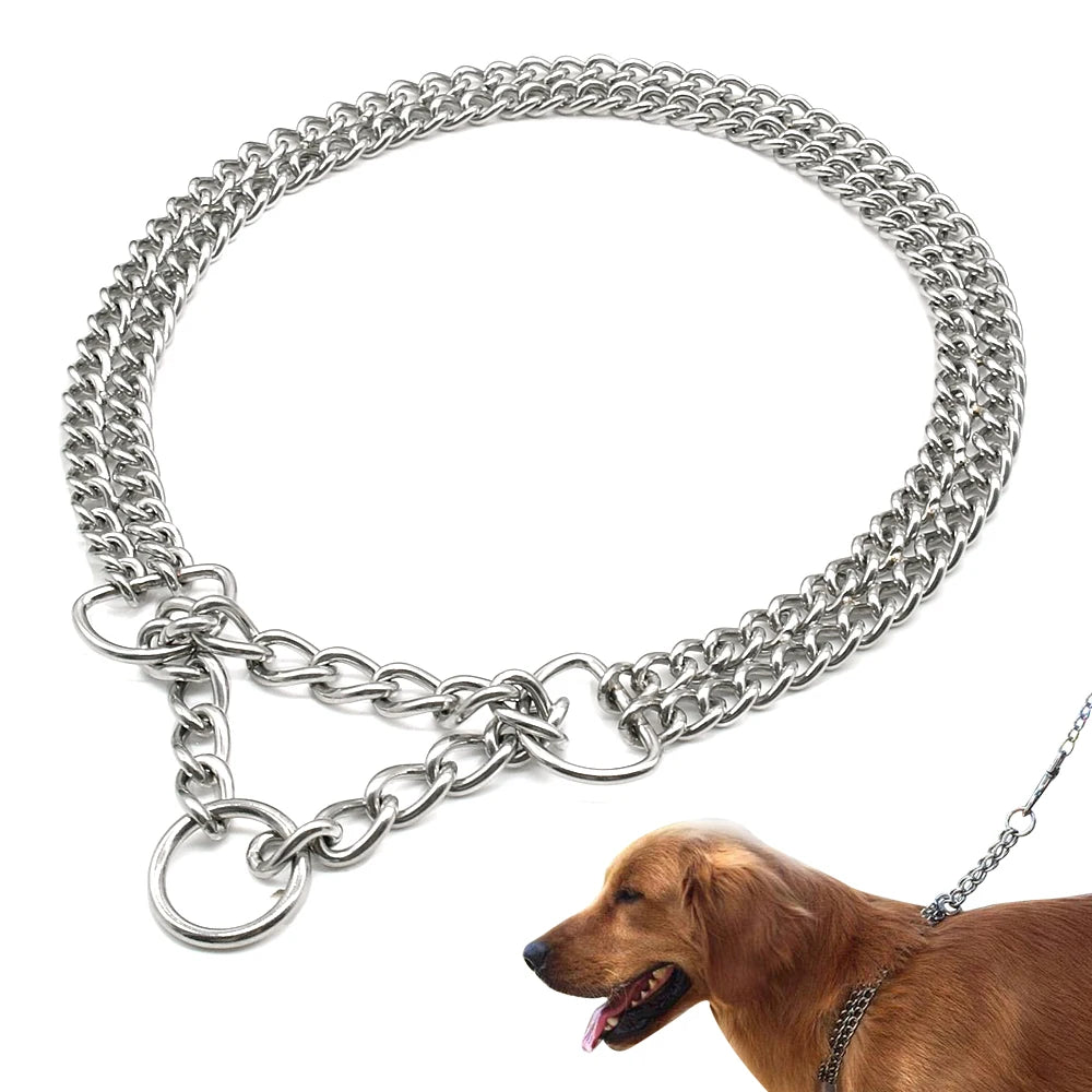 Dog Training Chain Pet Choke Collar Double Row Metal Chain Stainless Steel Slip Collar P Chain for Large Dogs Pitbull