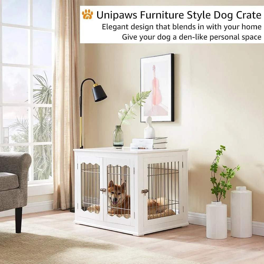 Furniture Style White Dog Crate for Medium Dogs, Indoor Aesthetic Puppy Kennel, Modern Decorative Wood Wire Pet House Dog Cage