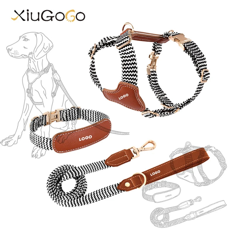 Customized Pet Name New Nylon Braided Leather Pet Collar Harness Leash Set For Large And Medium-sized Dogs Adjustable Buckle