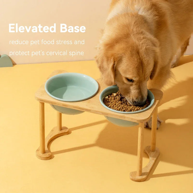 Big Dogs Dining Table Elevated Pet Double Food Water Bowls with Wooden Stand Medium Dog Drinking Eating Feeding Feeders