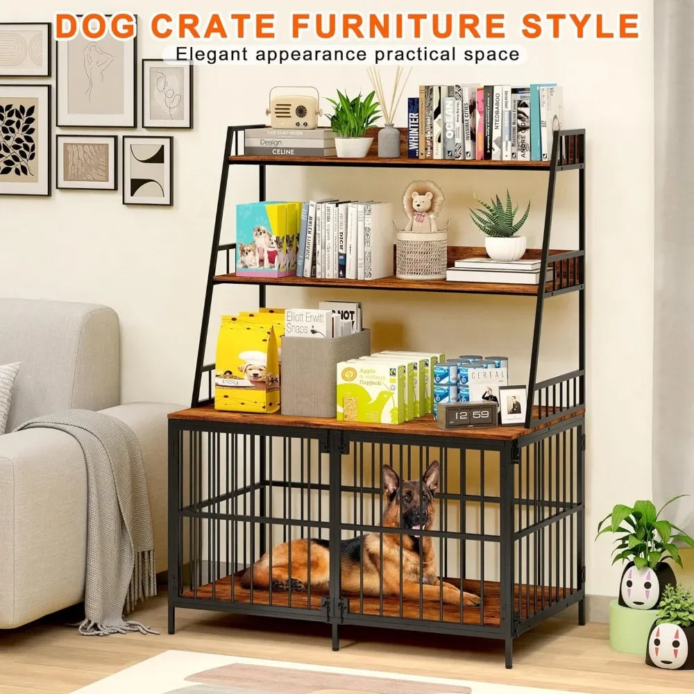 Dog Cage Furniture, Wooden Cage Table with 3 Doors & 3 Tier Storage Racks, Decorated Pet Cage, Heavy Duty Anti Chewing