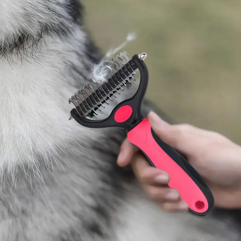 Double-Sided Deshedding Tool Removes Knots and Tangled Hair Pet Grooming Rake and Brushes for Small Medium Large Dogs