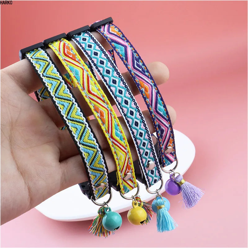 Adjustable cat collar with tassels and bells embellished pet collar colorful plaid jacquard pattern for cat and dog collars