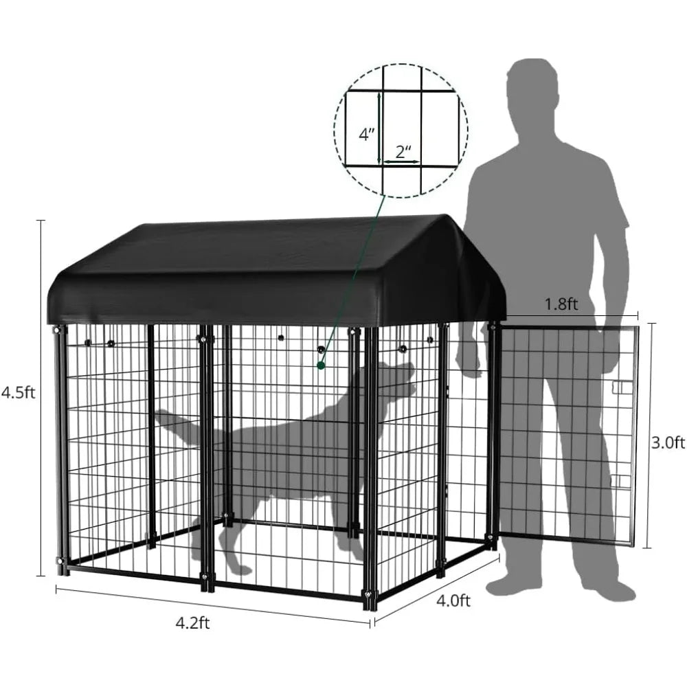 Pet Dog Kennel Outdoor Dog House With Roof Waterproof Cover for Medium to Small Dog Outside 4ft X 4ft X 4.5ft Cage Supplies Home