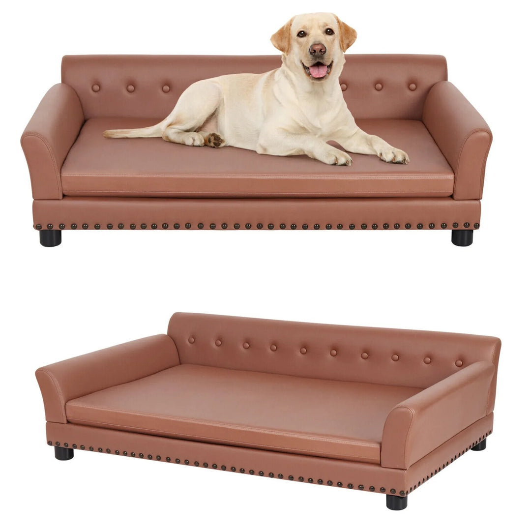 US Large Sized Dog Sofa Couch, Raised Calming Dog Bed, Leather Lounger, Waterproof, XXL