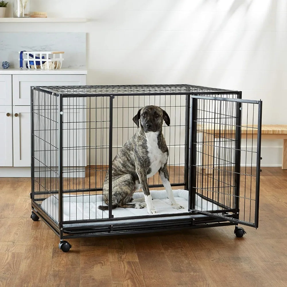 Dog Cage for Big Dogs 43.5“L X 29.8”W X 34.3“H Heavy Duty Stackable Dog Pet Kennel on Wheels With Tray Black Houses and Habitats