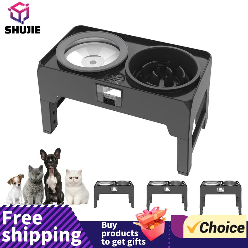 Elevated Slow Feeder Dog Bowls, Adjustable Raised Dog Bowl with No Spill Dog Water Bowl, Non-Slip Dog Food Bowl Stand for Pet