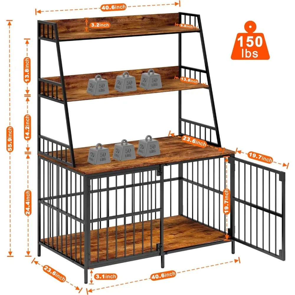 Dog Cage Furniture, Wooden Cage Table with 3 Doors & 3 Tier Storage Racks, Decorated Pet Cage, Heavy Duty Anti Chewing