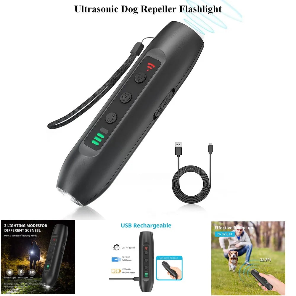 Ultrasonic Dog Repeller Pet Trainer Anti Barking Stop Bark Training Device with 3W Flashlight Rrechargeable Dog Bark Deterrent