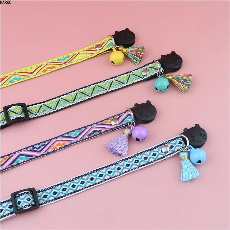 Adjustable cat collar with tassels and bells embellished pet collar colorful plaid jacquard pattern for cat and dog collars