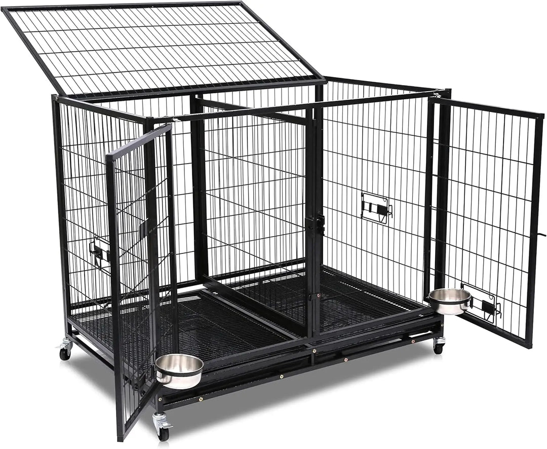 43 inch Dog Crate Cage Kennel with Divider, Indestructible Dog Crate, Sturdy Design, Double Door and Removable Tray De
