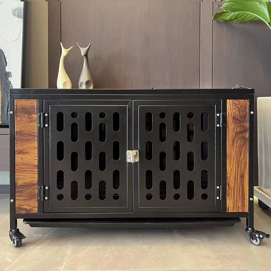 Dog Crate End Table with Cushion and Hooks, Furniture Style indoor dog cage，Mesh Pet Kennels, Dog House Indoor Use，Black Brown