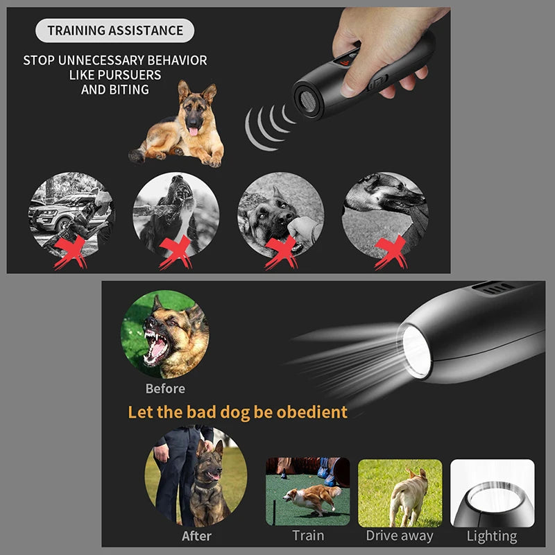 No Noise Ultrasonic Dog Repelle 3 In 1 Ultrasonic Anti Barking Device USB Rechargeable Anti Vibrator Pet Dogs Training Product