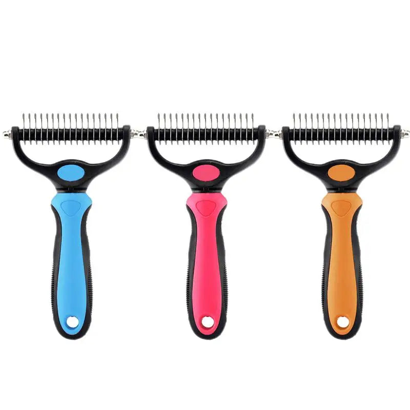 Double-Sided Deshedding Tool Removes Knots and Tangled Hair Pet Grooming Rake and Brushes for Small Medium Large Dogs