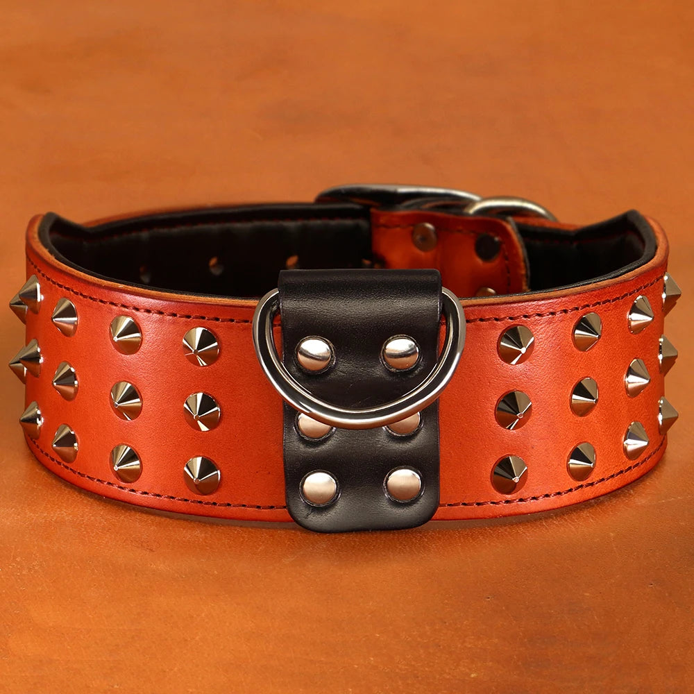 Real Lether Dog Collar Cool Spiked Studded Big Dogs Necklace Durable Adjustable Pet Leather Collar For Medium Large Dogs Pitbull