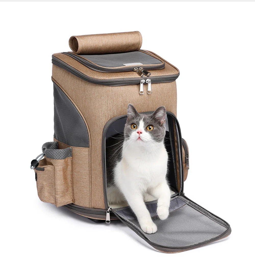 Wheeled Pet Carrier Backpack Travel Carrier for Dogs Cats Puppy Removable Rolling Wheels Mesh Ventilation Window Storage Pockets