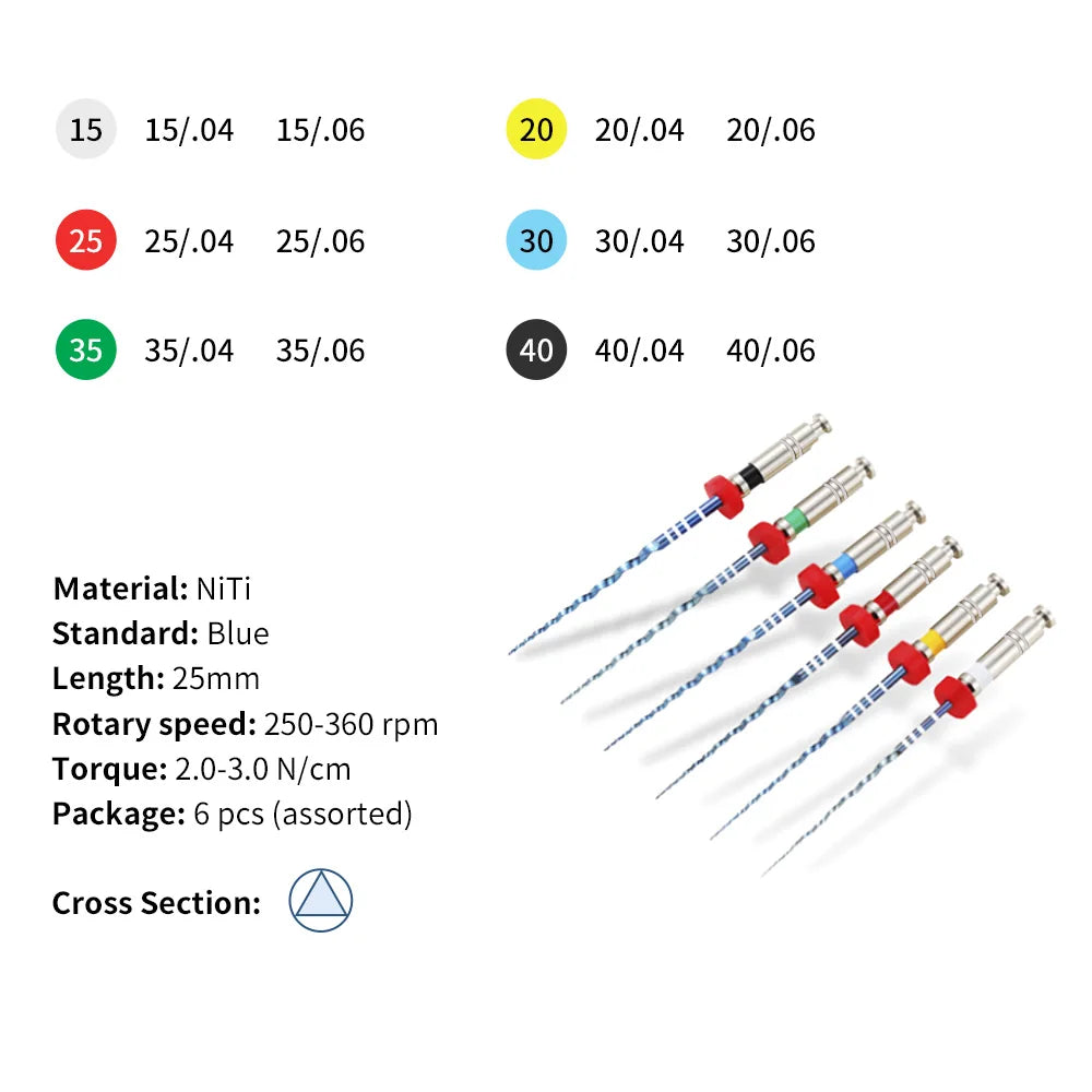 6 Pcs/Set Dental Root Canal Rotary File Endo Blue Engine Use Type NiTi Files 21mm/25mm Taper 04/06 #15-#40