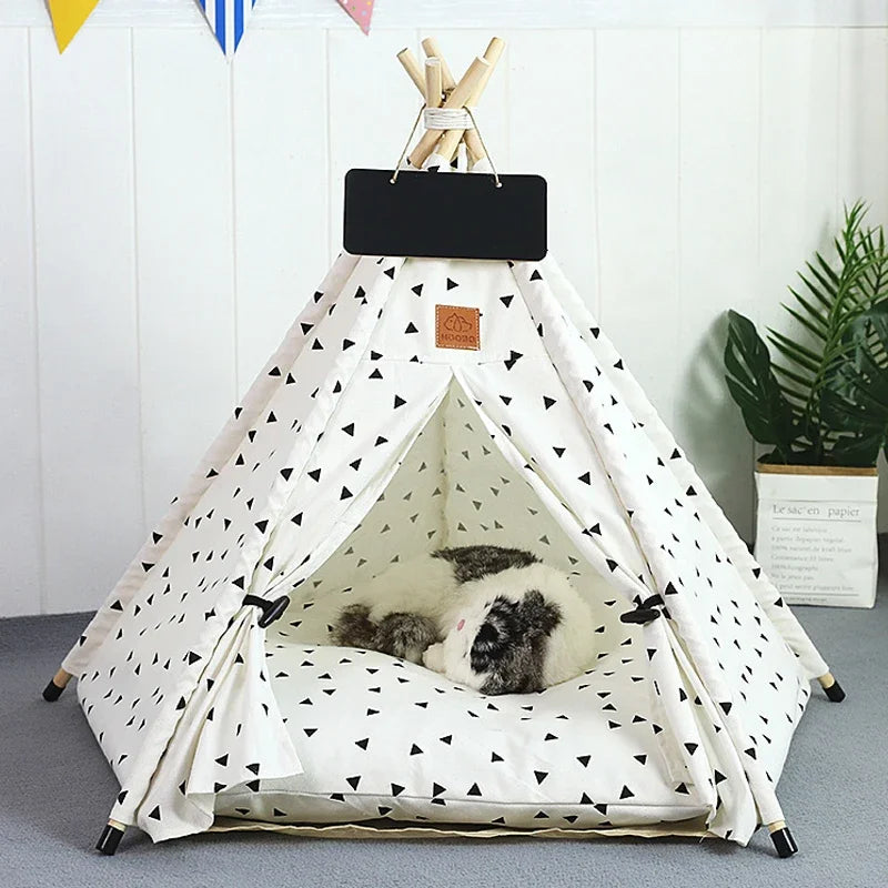 Pet Teepee Tent for Small Dogs or Cats Portable Washable Dog Houses with Cushion and Blackboard Indoor Outdoor Puppy Bed Cat Bed