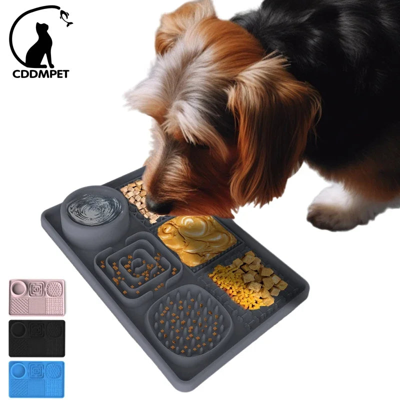 6 Partitions Pet Licking Mat Silicone Dog Slow Feeding Bowl for Dry and Wet Foods Strong Suction Cups Cat Placemat Puppy Feeder