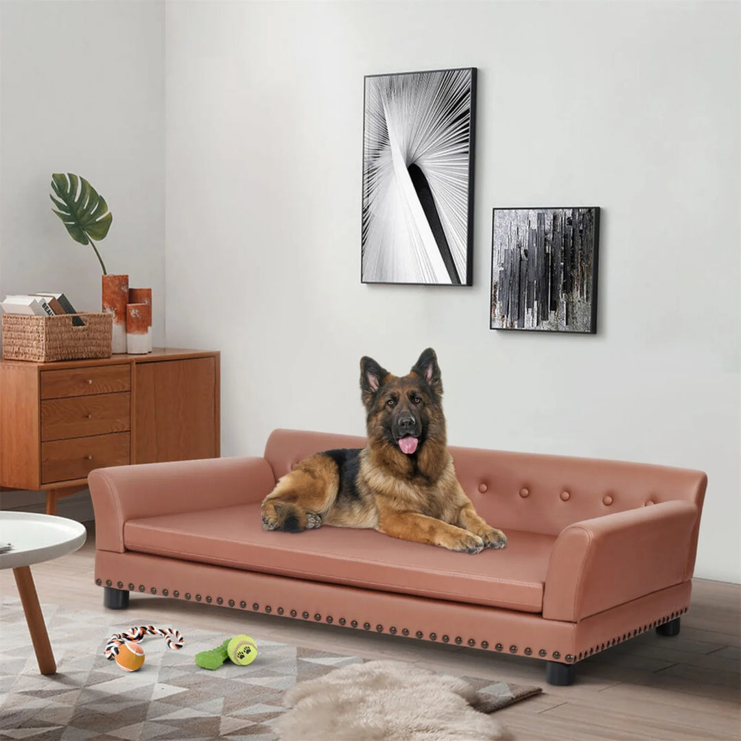 US Large Sized Dog Sofa Couch, Raised Calming Dog Bed, Leather Lounger, Waterproof, XXL