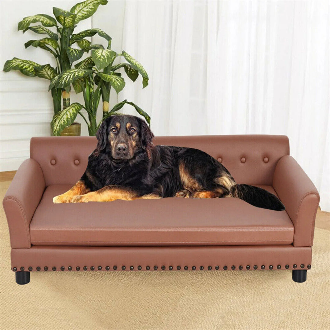 US Large Sized Dog Sofa Couch, Raised Calming Dog Bed, Leather Lounger, Waterproof, XXL