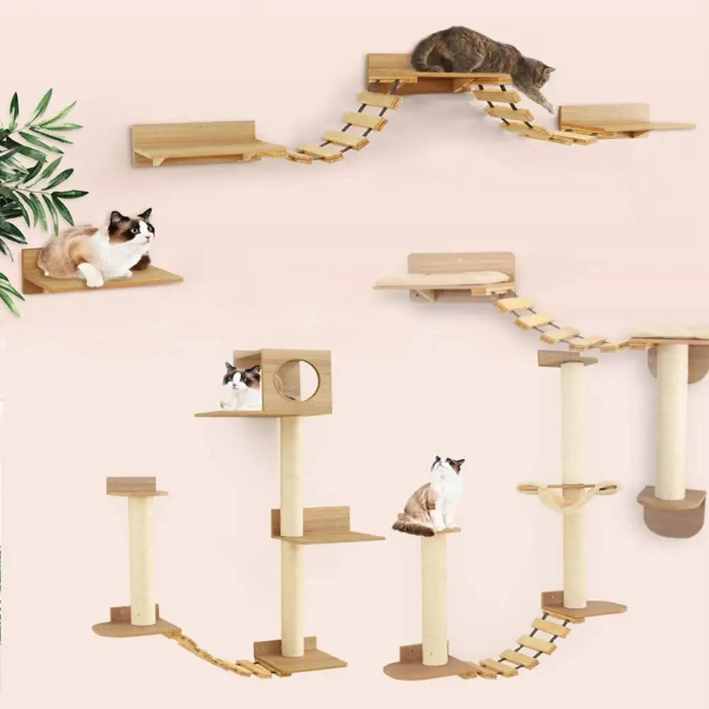 Cats Wall Mounted Scratching Posts Climbing Shelf Cat tower Hammock With Solid Wooden Furniture Cat Gym For Pet Kittens Sleeping