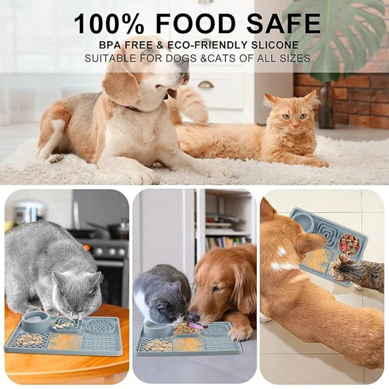 6 Partitions Pet Licking Mat Silicone Dog Slow Feeding Bowl for Dry and Wet Foods Strong Suction Cups Cat Placemat Puppy Feeder