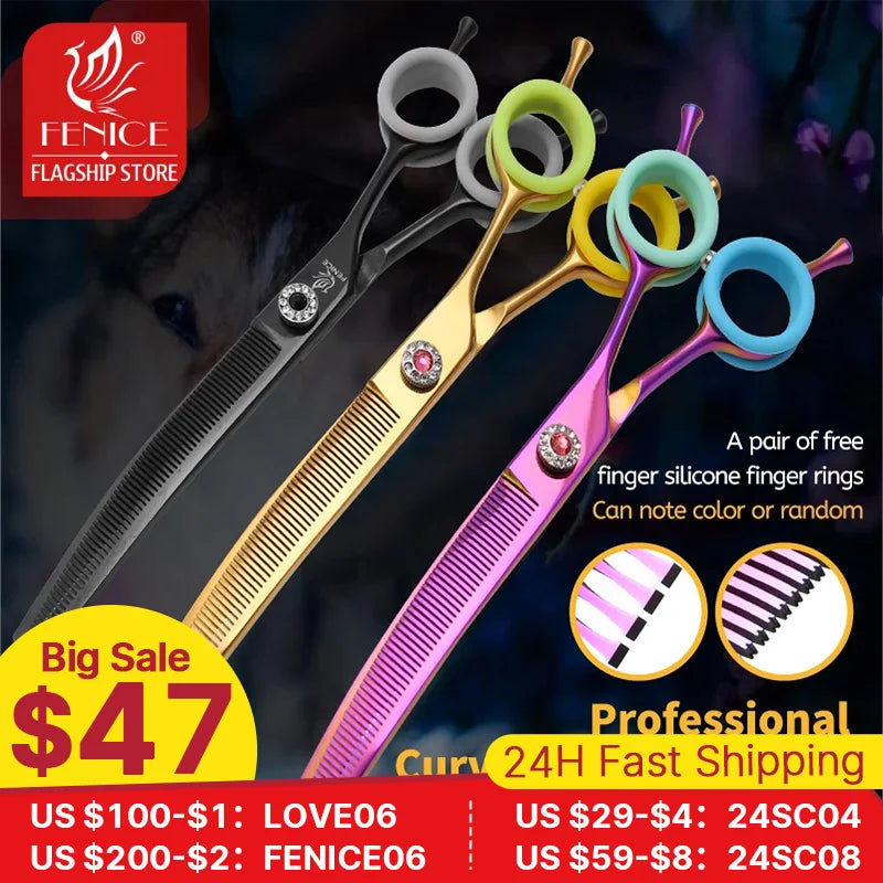 Fenice Professional JP440c 7 inch High quality Pet dog Grooming Scissors Curved thinning Shears Chunker Thinner Scissors