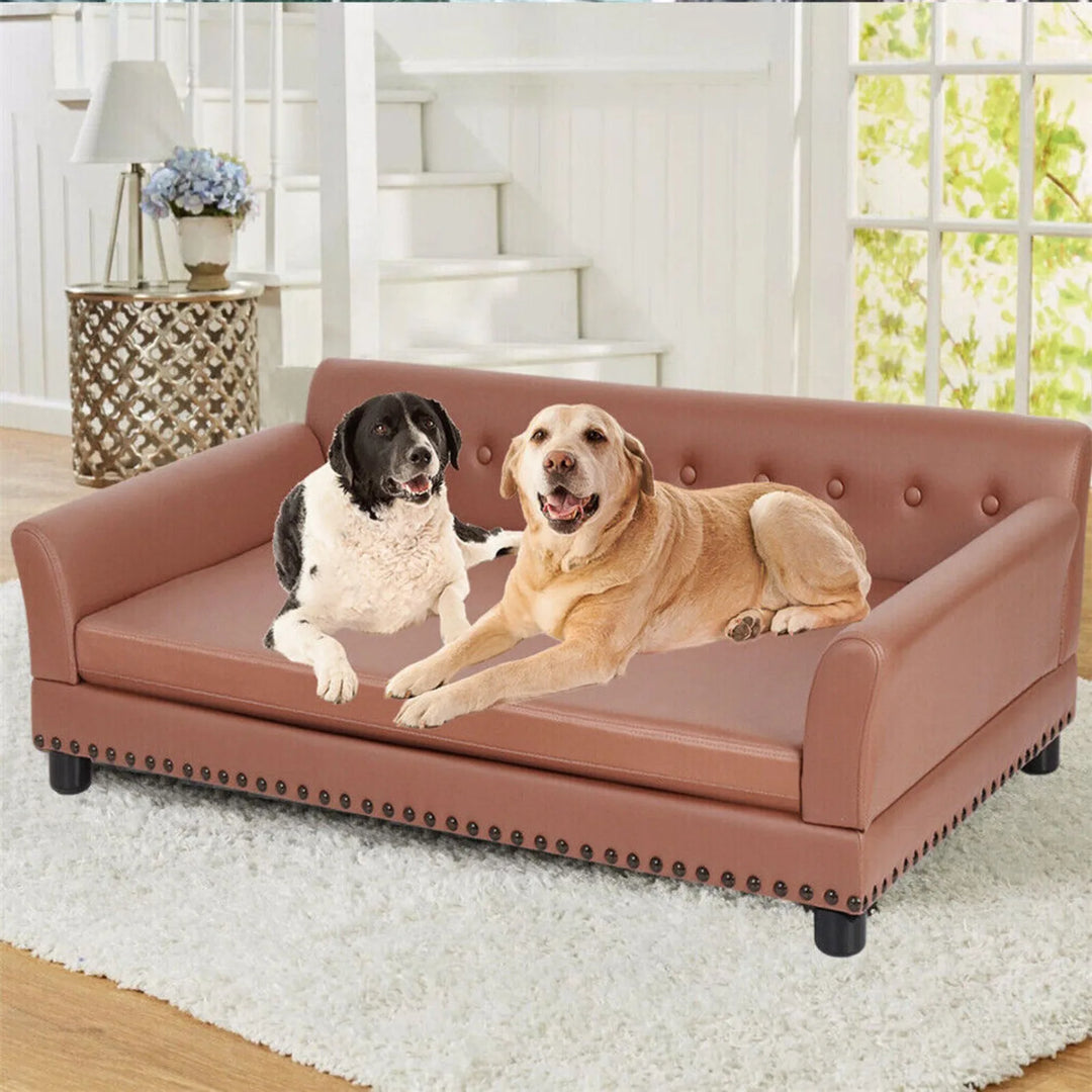 US Large Sized Dog Sofa Couch, Raised Calming Dog Bed, Leather Lounger, Waterproof, XXL