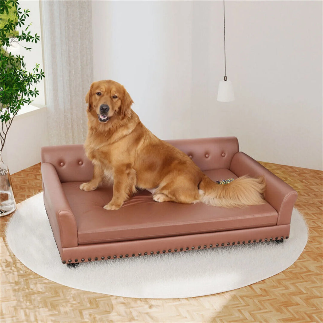 US Large Sized Dog Sofa Couch, Raised Calming Dog Bed, Leather Lounger, Waterproof, XXL