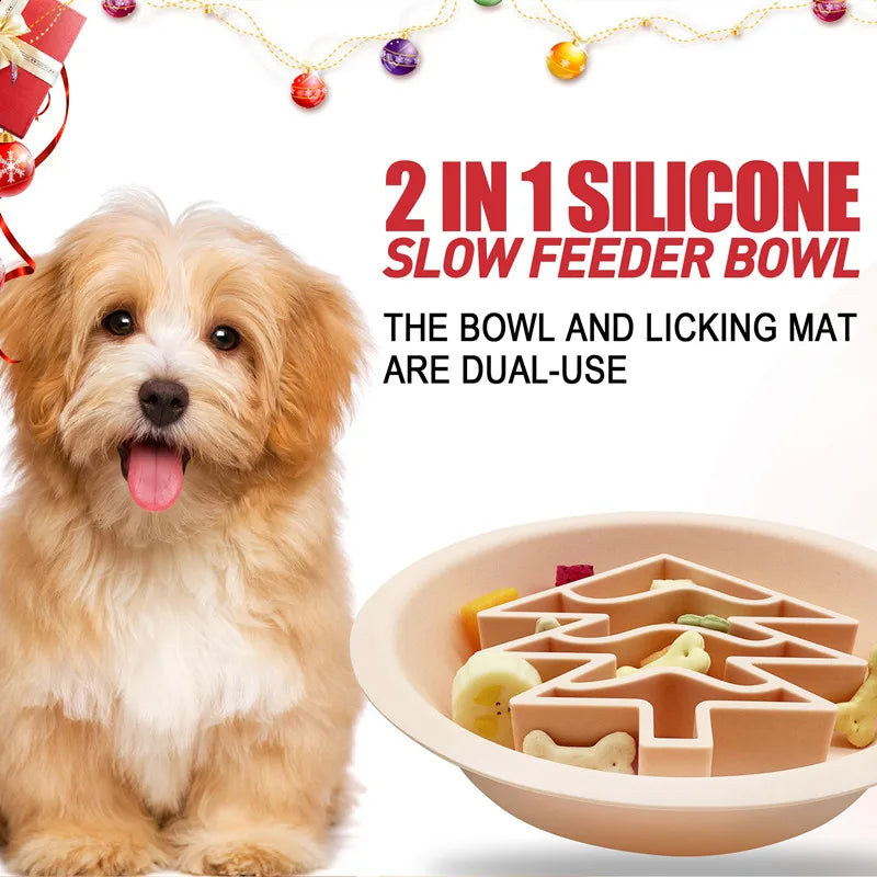 Christmas Collection Pet 2 in 1 silicone slow feeder bowl the bowl and licking mat are dual-use Cat licking pad Dog Health Bowl