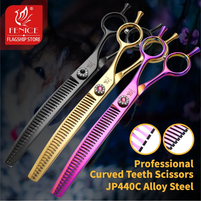 Fenice Professional JP440c 7 inch High quality Pet dog Grooming Scissors Curved thinning Shears Chunker Thinner Scissors