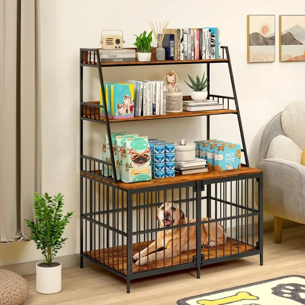 Dog Cage Furniture, Wooden Cage Table with 3 Doors & 3 Tier Storage Racks, Decorated Pet Cage, Heavy Duty Anti Chewing