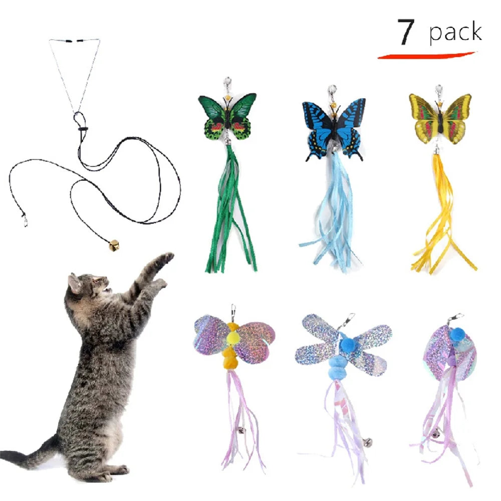 7pcs/Set Feather Cat Stick Replacement Playing Toys For Cats Kitten Butterfly Shape Ribbon Cat Toy Pet Toy Replace Accessories