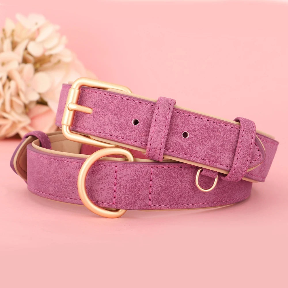 Adjustable Dog Collar Sude Leather Pet Collars Soft Leather Padded Dogs Necklace Collar for Small Medium Large Dogs Pitbull Pink