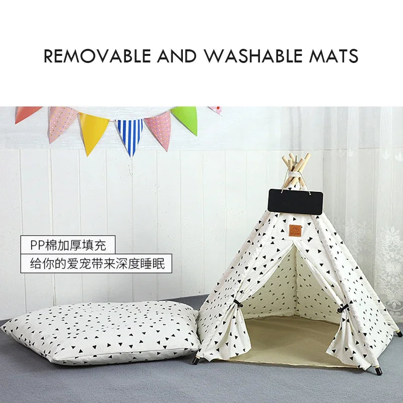 Pet Teepee Tent for Small Dogs or Cats Portable Washable Dog Houses with Cushion and Blackboard Indoor Outdoor Puppy Bed Cat Bed