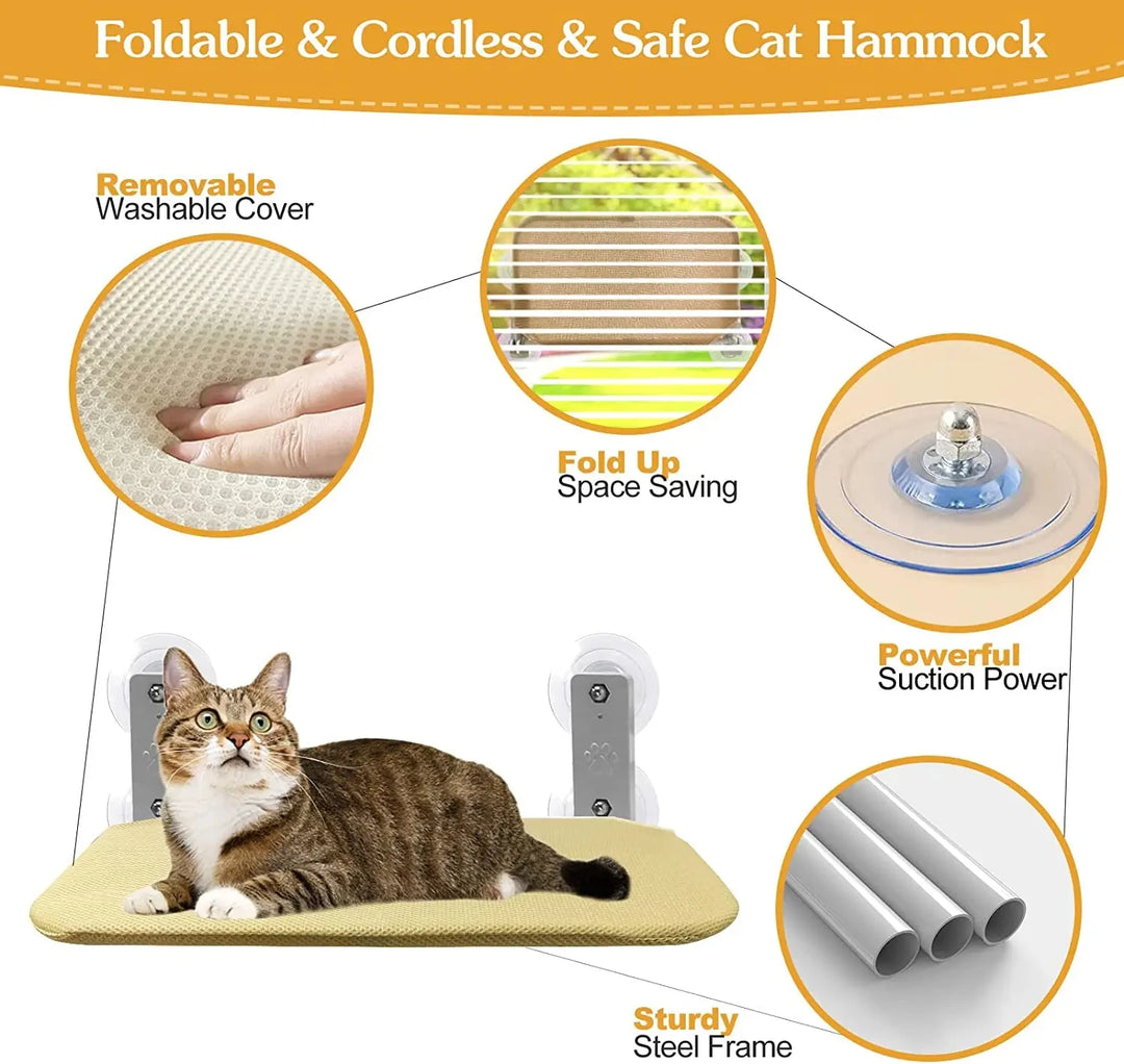 Foldable Cat Window Hammock with 4 Strong Suction Cups Windowsill Cat Beds Seat for Indoor Cats Inside Cat Window Perch Cordless