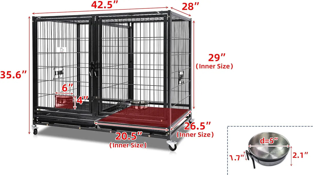 43 inch Dog Crate Cage Kennel with Divider, Indestructible Dog Crate, Sturdy Design, Double Door and Removable Tray De