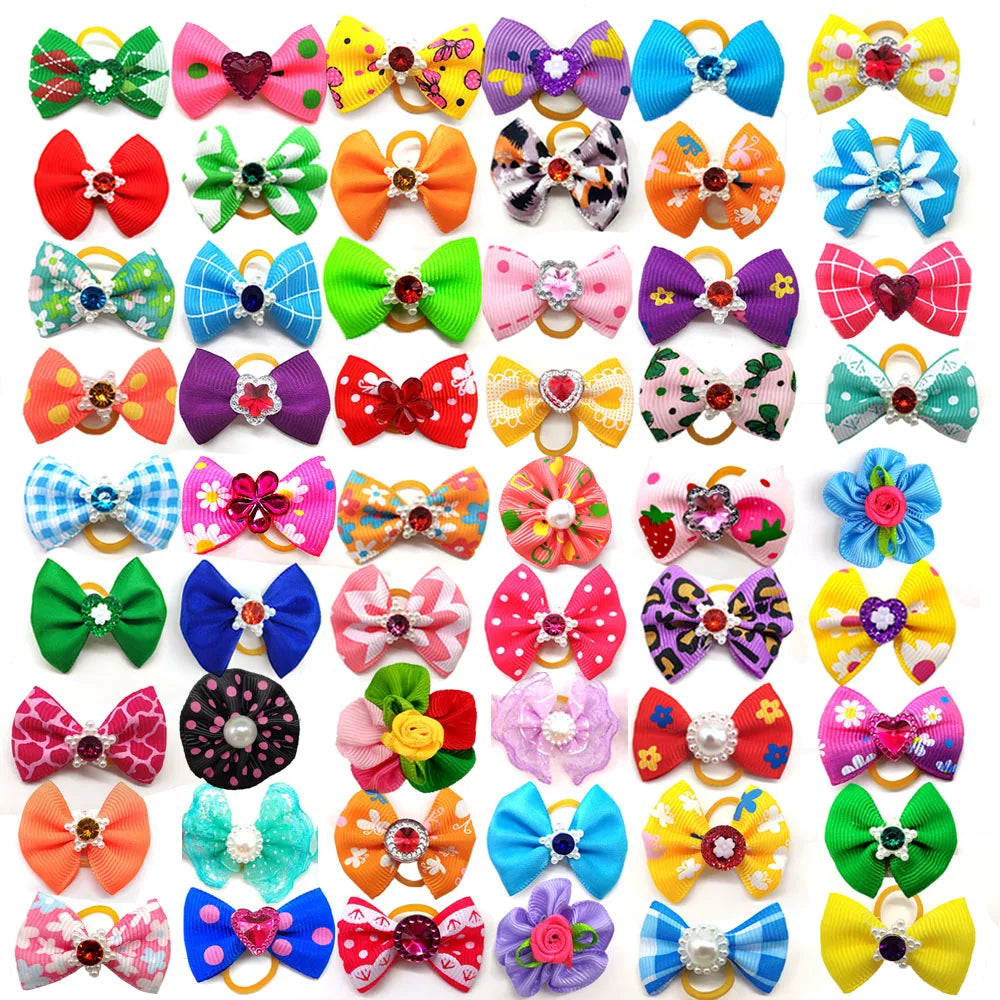 10pcs /20pcs/30pcs New Various Style Pet Dog Bows Pet Hair Bows Rubber Bands with Diamond Dog Bow Grooming Supplies Wholesale