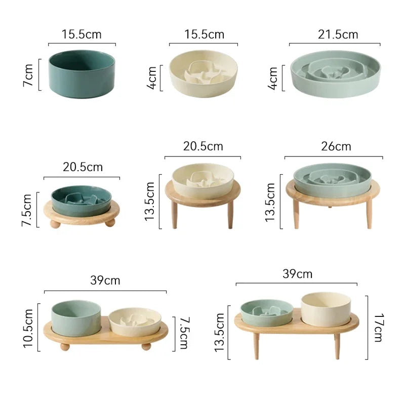 Small Dog Slow Feed Bowl Elevated Cat Drinking Eating Ceramic Bowls with Wooden Stand Pet Anti-Gulping Feeding Food Water Plate