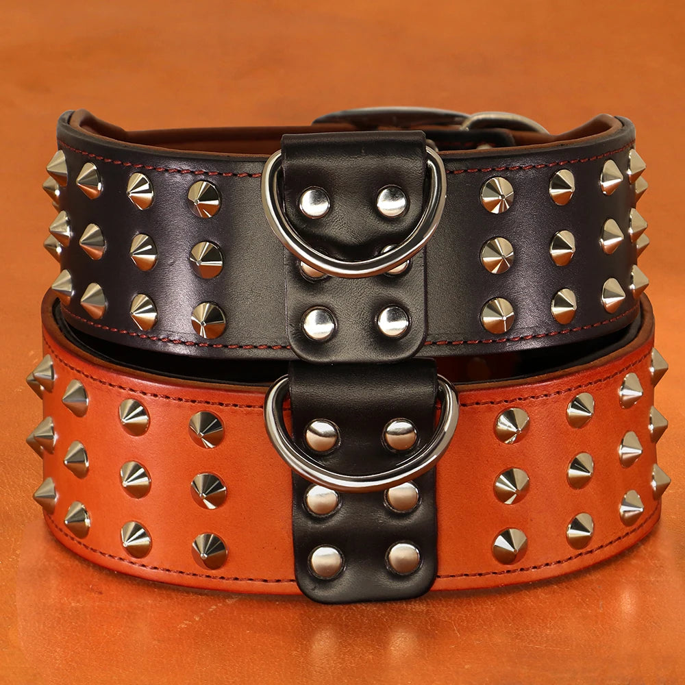 Real Lether Dog Collar Cool Spiked Studded Big Dogs Necklace Durable Adjustable Pet Leather Collar For Medium Large Dogs Pitbull