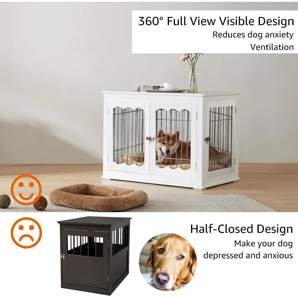 Furniture Style White Dog Crate for Medium Dogs, Indoor Aesthetic Puppy Kennel, Modern Decorative Wood Wire Pet House Dog Cage