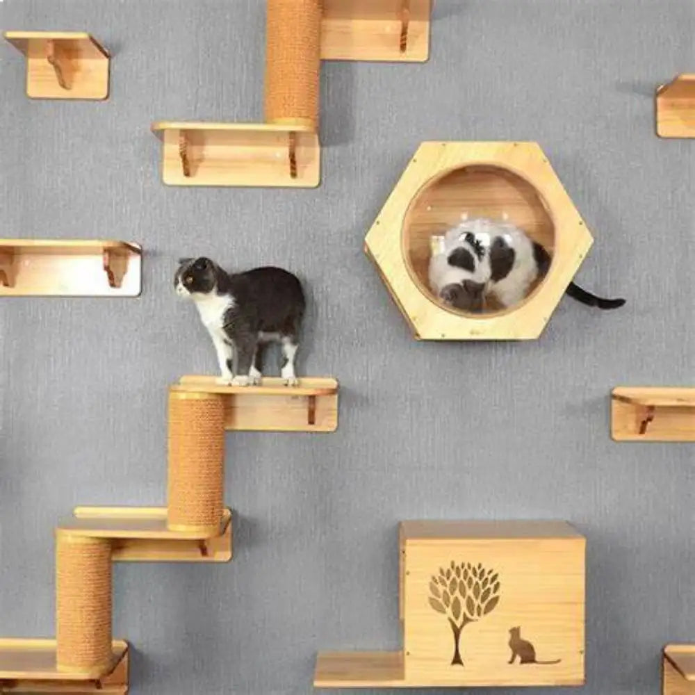 Cats Wall Mounted Scratching Posts Climbing Shelf Cat tower Hammock With Solid Wooden Furniture Cat Gym For Pet Kittens Sleeping