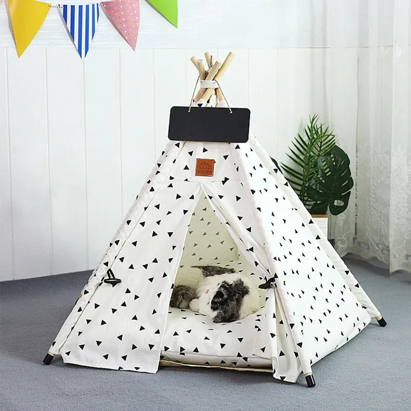 Pet Teepee Tent for Small Dogs or Cats Portable Washable Dog Houses with Cushion and Blackboard Indoor Outdoor Puppy Bed Cat Bed