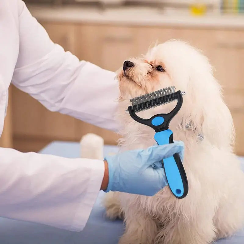 Double-Sided Deshedding Tool Removes Knots and Tangled Hair Pet Grooming Rake and Brushes for Small Medium Large Dogs