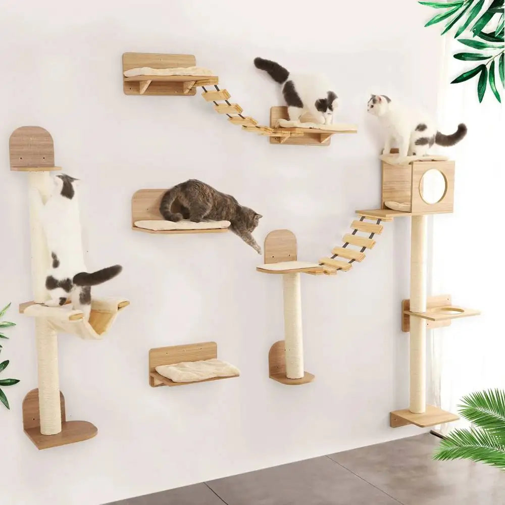 Cats Wall Mounted Scratching Posts Climbing Shelf Cat tower Hammock With Solid Wooden Furniture Cat Gym For Pet Kittens Sleeping