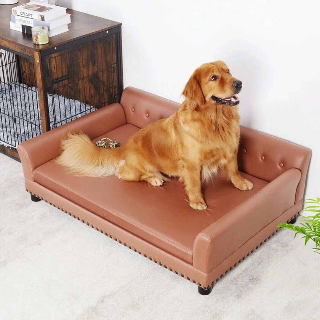 US Large Sized Dog Sofa Couch, Raised Calming Dog Bed, Leather Lounger, Waterproof, XXL