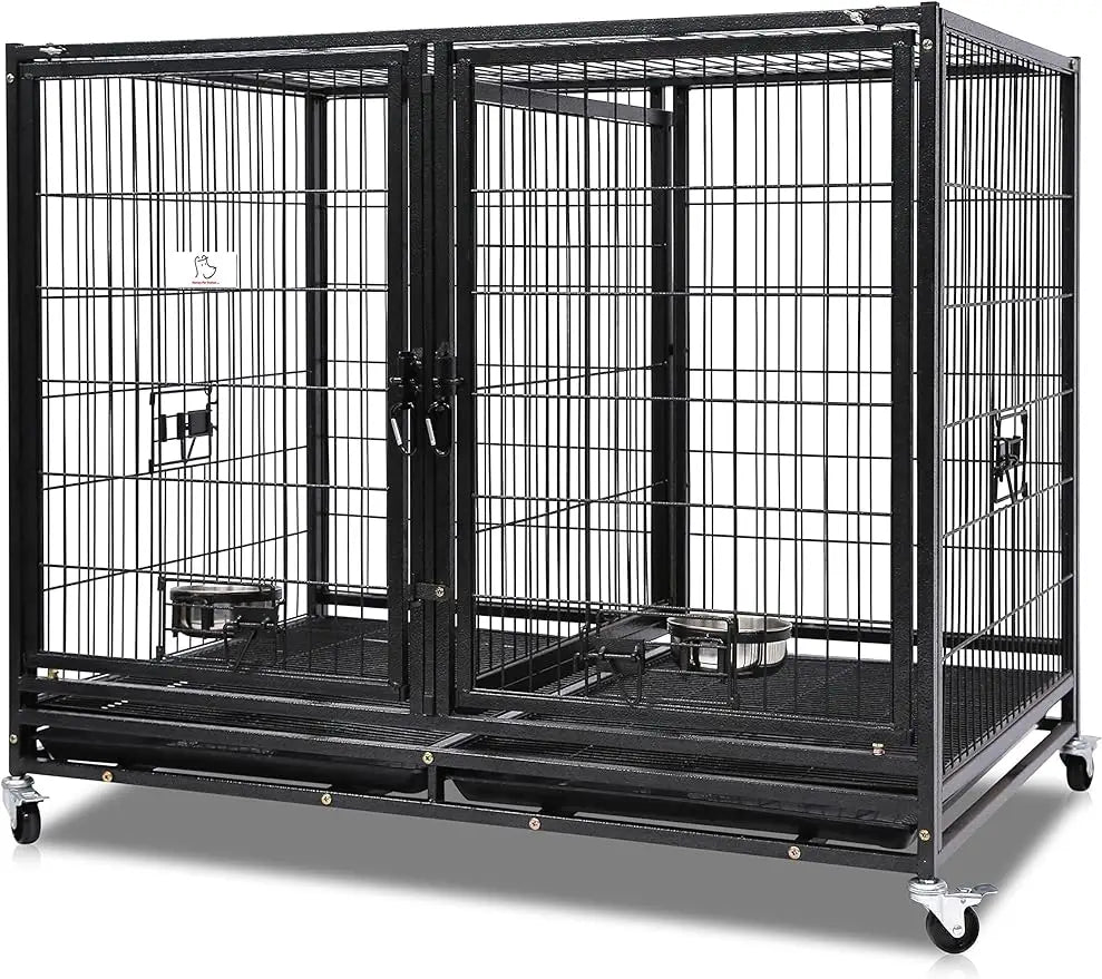 43 inch Dog Crate Cage Kennel with Divider, Indestructible Dog Crate, Sturdy Design, Double Door and Removable Tray De